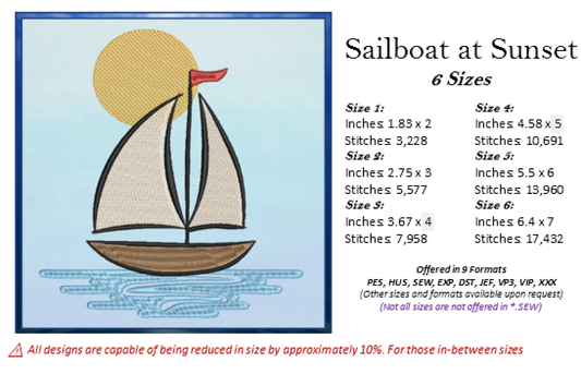 Sailboat at Sunset Machine Embroidery Design | Kids Nautical Embroidery Pattern | Baby Bib, Onesie, Towel Design | 6 Sizes (0654)