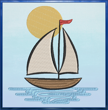 Sailboat at Sunset Machine Embroidery Design | Kids Nautical Embroidery Pattern | Baby Bib, Onesie, Towel Design | 6 Sizes (0654)