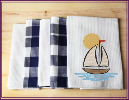 Sailboat at Sunset Machine Embroidery Design | Kids Nautical Embroidery Pattern | Baby Bib, Onesie, Towel Design | 6 Sizes (0654)