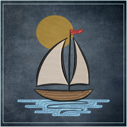 Sailboat at Sunset Machine Embroidery Design | Kids Nautical Embroidery Pattern | Baby Bib, Onesie, Towel Design | 6 Sizes (0654)