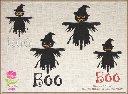 Scarecrow Machine Embroidery Design | Pumpkin Head Halloween Embroidery | Scarecrow Says Boo | 10 Sizes (0638)