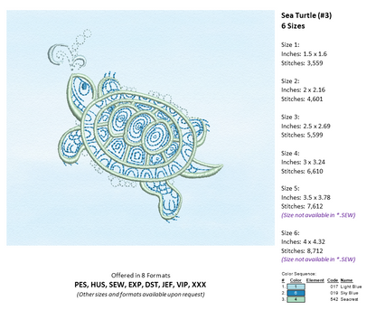 Sea Turtle Embroidery Design Bundle, Turtle Embroidery Design, Machine Embroidery Design, Sea Life Design, 8 Individual Designs (0357)