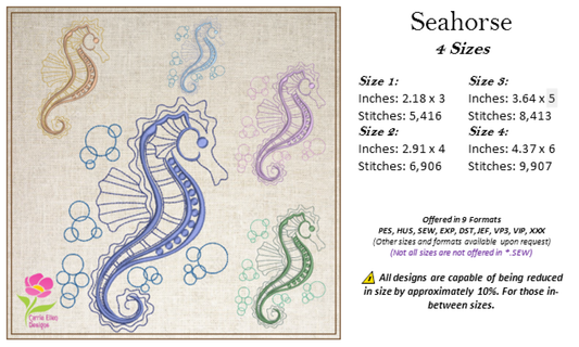 Seahorse Machine Embroidery Design – Sea Life Marine Animal Ocean Stitch Pattern, 4 Sizes (0303)