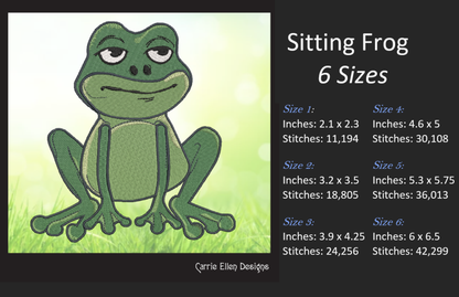 Sitting Frog Machine Embroidery Design – Cute Cartoon Frog Pattern – 6 Sizes (1584)