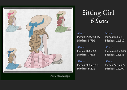 Sitting Girl Machine Embroidery Design – Peaceful Casual Sketch Art – 6 Sizes (1279)