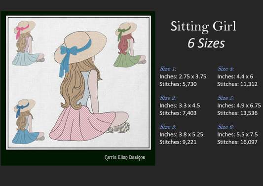 Sitting Girl Machine Embroidery Design – Peaceful Casual Sketch Art – 6 Sizes (1279)