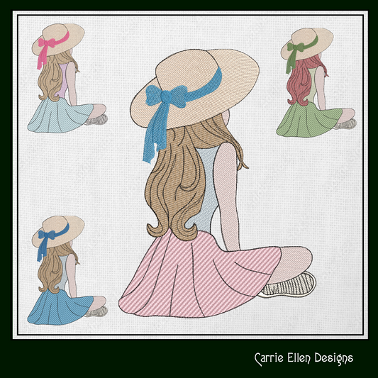 Sitting Girl Machine Embroidery Design – Peaceful Casual Sketch Art – 6 Sizes (1279)
