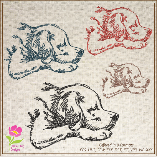 Sleeping Puppy Machine Embroidery Design Sketch – Dog Line Art Pet Embroidery, 8 Sizes (0487)