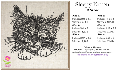 Sleepy Kitten Machine Embroidery Design | Kitten Face Sketch | Pet Cat Embroidery | Cute Animal Design | 6 Sizes (0320)