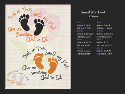 Trick or Treat Smell My Feet Machine Embroidery Design | Funny Halloween Greeting with Feet | Kids Halloween Sayings and Quotes | 8 Sizes (0870)