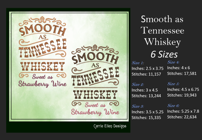 Smooth as Tennessee Whiskey, Sweet as Strawberry Wine Machine Embroidery Design | Country Lyric Quote, 6 Sizes (1721)