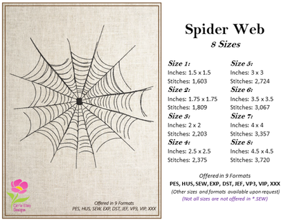 Spider Web Machine Embroidery Design – Line Art Halloween Web Embroidery, 8 Sizes (2402)