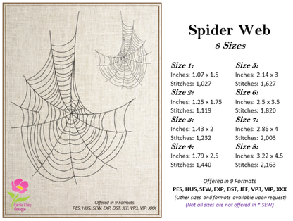 Spider Web Machine Embroidery Design – Line Art Halloween Web Embroidery, 8 Sizes (2403)