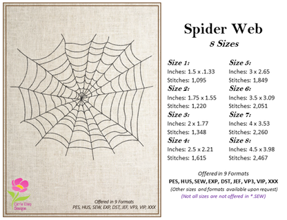Spider Web Machine Embroidery Design – Line Art Halloween Web Embroidery, 8 Sizes (2405)