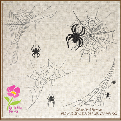 Spider in Web Machine Embroidery Design Bundle | Halloween Spiderweb Embroidery | 4 Designs, 8 Sizes each design (0723)