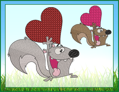 Squirrel Running with A Heart Machine Embroidery Design – Cute Valentine's Day  Cartoon Holiday Animal – 6 Sizes (0424)