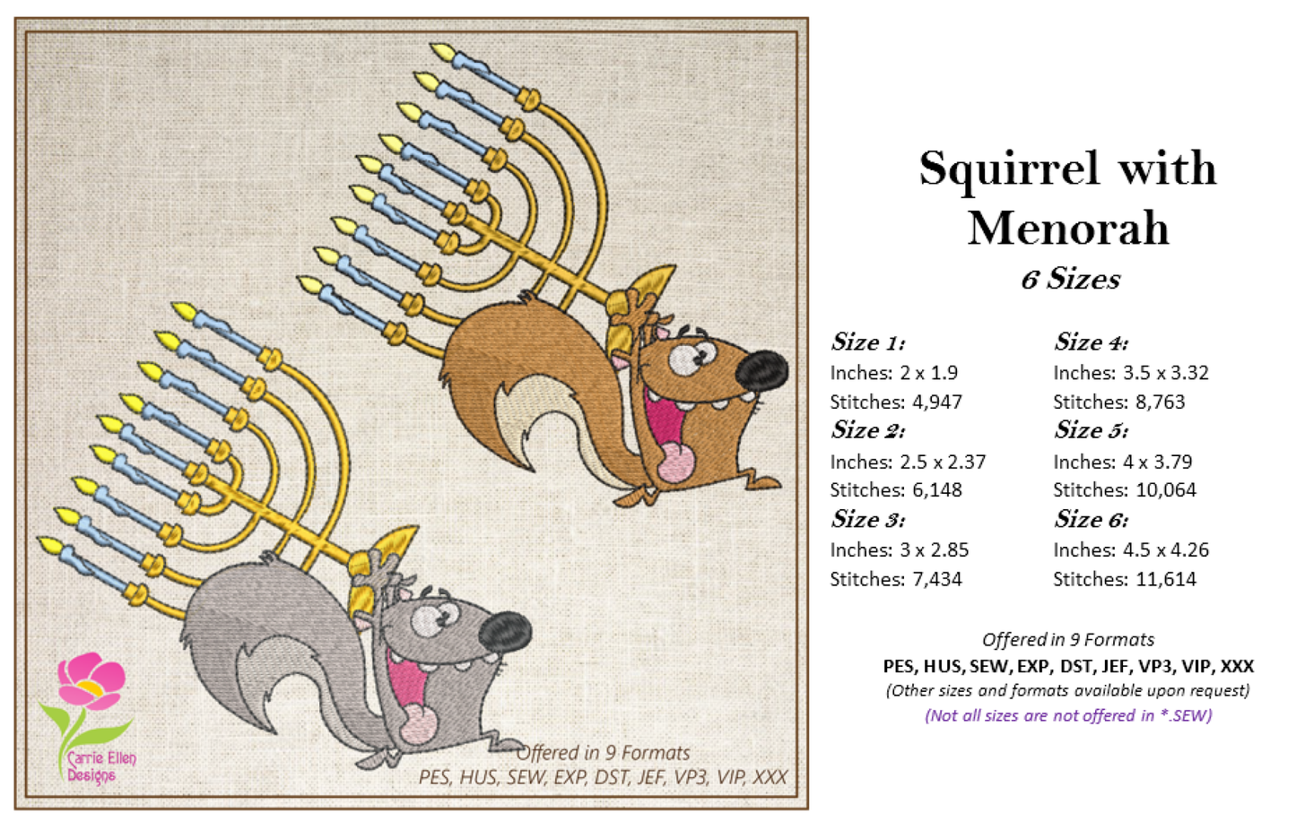 Squirrel Running With Menorah Chanukah Machine Embroidery Design – Cartoon Animal Judaica Pattern – 6 Sizes (0264)