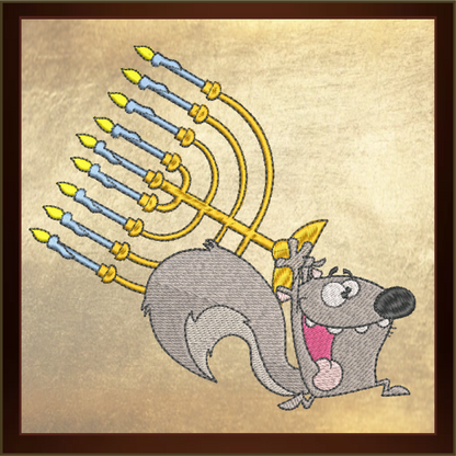 Squirrel Running With Menorah Chanukah Machine Embroidery Design – Cartoon Animal Judaica Pattern – 6 Sizes (0264)
