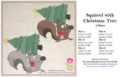 Squirrel Running with Christmas Tree Embroidery Design – Festive Cartoon Animal Stitch Pattern, 6 Sizes (0262)