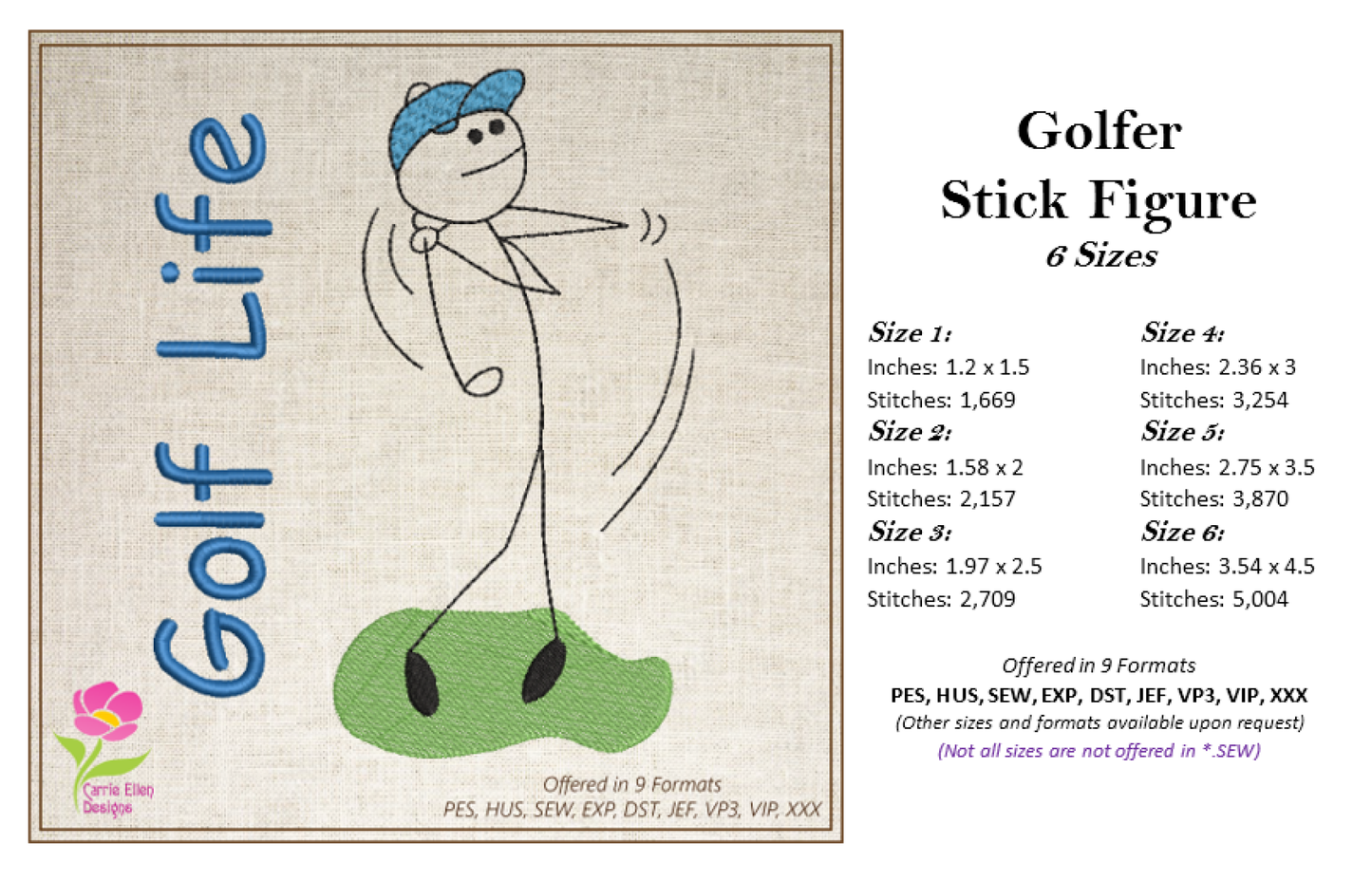 Golf Embroidery Design – Male Golfer Stick Figure – Golf Player Machine Embroidery – Golf Life Design – 6 Sizes (0196)