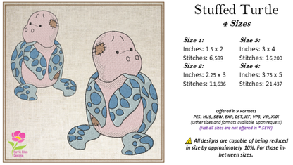 Toy Sea Turtle Machine Embroidery Design for Babies and Kids | Vintage Stuffed Animal Turtle | Blue Nose Tatty Teddy Inspired | 4 Sizes (0441)