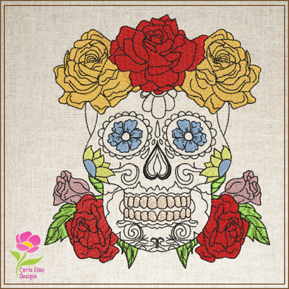 Sugar Skull with Roses Machine Embroidery Design | Day of the Dead Embroidery Pattern | Dia de Los Muertos Skull with Flowers (0555)