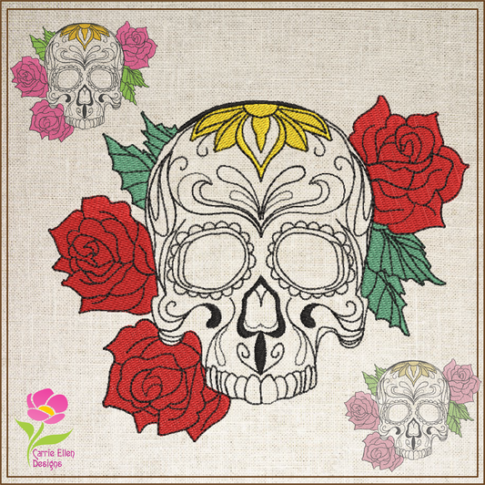 Sugar Skull with Roses Machine Embroidery Design | Day of the Dead Line Art Pattern | Dia de Los Muertos Embroidery | 6 Sizes (0573)