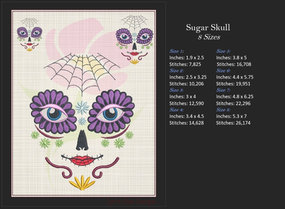Sugar Skull Face Machine Embroidery Design | Day of the Dead Skeleton Pattern | Dia De Los Muertos Embroidery | 8 Sizes (0932)