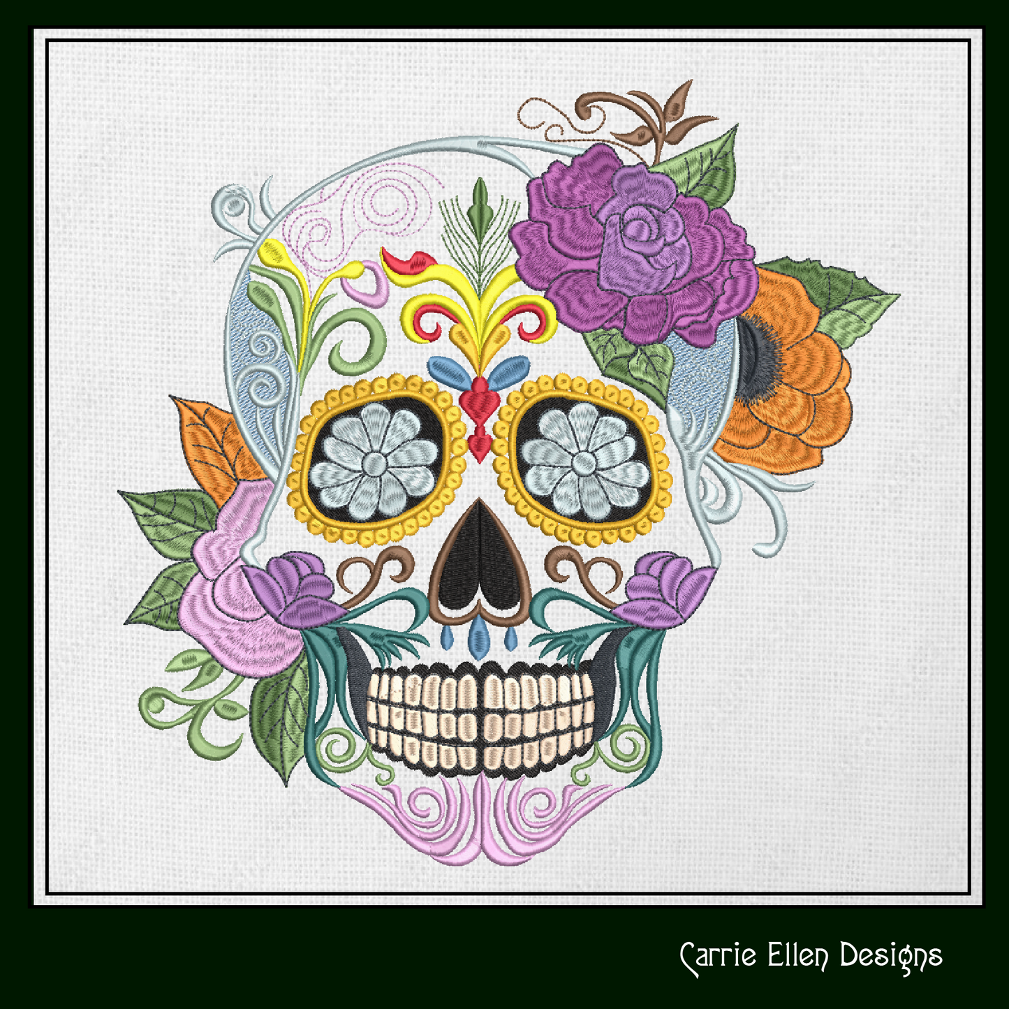 Sugar Skull with Flowers Machine Embroidery Design – Day of the Dead Pattern – 6 Sizes (1572)