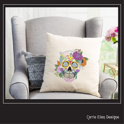Sugar Skull with Flowers Machine Embroidery Design – Day of the Dead Pattern – 6 Sizes (1572)