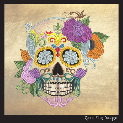 Sugar Skull with Flowers Machine Embroidery Design – Day of the Dead Pattern – 6 Sizes (1572)