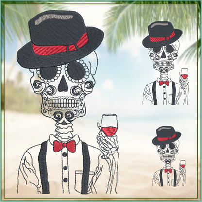 Sugar Skull Gentleman Machine Embroidery Design | Day of the Dead Skeleton with Bow Tie and Wine | Dia De Los Muertos Embroidery | 8 Sizes (0842)