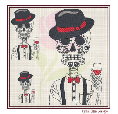 Sugar Skull Gentleman Machine Embroidery Design | Day of the Dead Skeleton with Bow Tie and Wine | Dia De Los Muertos Embroidery | 8 Sizes (0842)