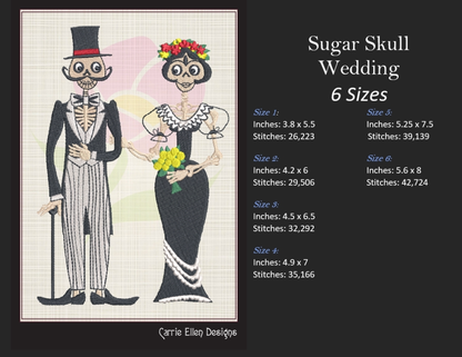 Sugar Skull Wedding Couple Machine Embroidery Design – Dia de Los Muertos Holiday Design – 6 Sizes (1009)