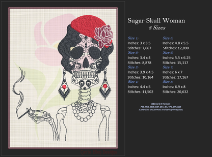 Sugar Skull Woman Machine Embroidery Design | Day of the Dead Skeleton with Classic Cigarette | Dia De Los Muertos Embroidery | 8 Sizes (0843)