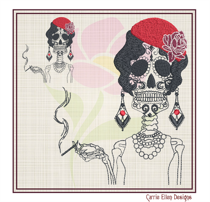 Sugar Skull Woman Machine Embroidery Design | Day of the Dead Skeleton with Classic Cigarette | Dia De Los Muertos Embroidery | 8 Sizes (0843)