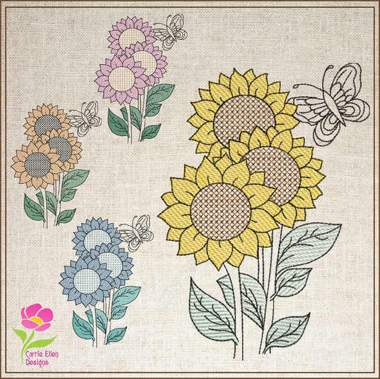 Sunflower with Butterfly Machine Embroidery Design | Colorful Floral Garden Pattern | Bright Flower Embroidery | 6 Sizes (0598)