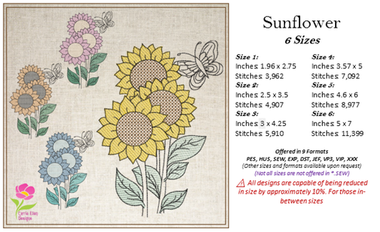 Sunflower with Butterfly Machine Embroidery Design | Colorful Floral Garden Pattern | Bright Flower Embroidery | 6 Sizes (0598)