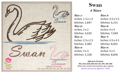 Swan Machine Embroidery Design | Graceful Swimming Bird Pattern | Ugly Duckling & Mother Goose Inspired | 8 Sizes (0617)