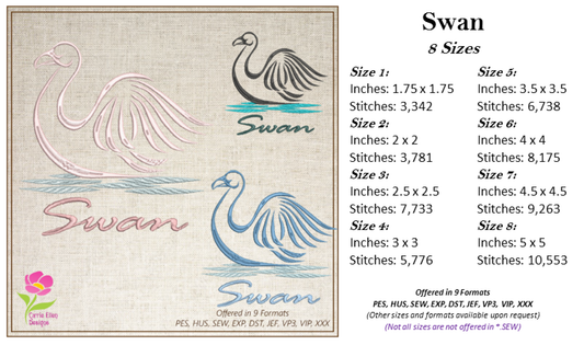 Swan Machine Embroidery Design | Graceful Swimming Bird Pattern | Ugly Duckling & Mother Goose Inspired | 8 Sizes (0618)