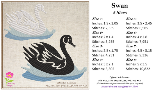 Swan Machine Embroidery Design | Graceful Swimming Bird Pattern | Ugly Duckling & Mother Goose Inspired | 8 Sizes (0619)