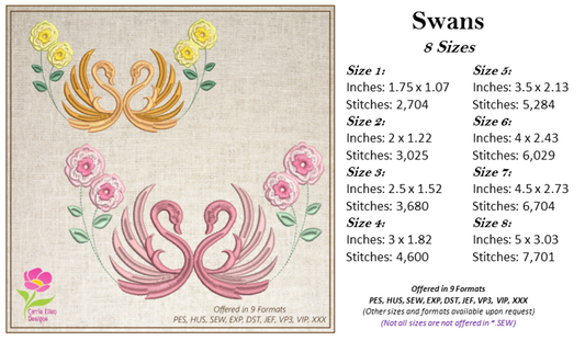 Swan Machine Embroidery Design | Fancy Floral Swan Pattern | Elegant Bird Embroidery | 8 Sizes (0620)