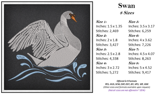 Swan Machine Embroidery Design, Swimming Bird Pattern, Duckling on the Water, 8 Sizes (0621)