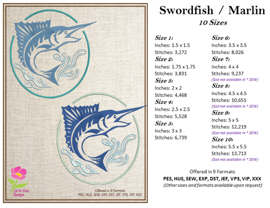 Pacific Blue Marlin Machine Embroidery Design, North Atlantic Swordfish, Marlin Sailfish Design, 10 Sizes (0360)