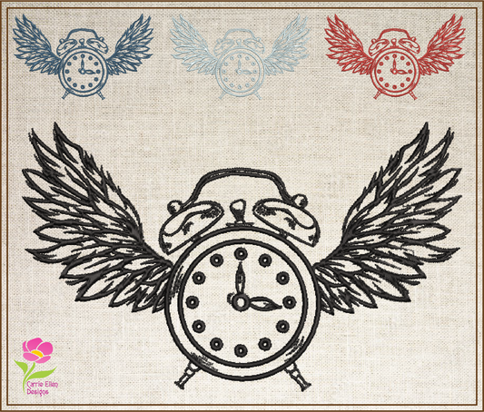 Time Flies Idiom Machine Embroidery Design – Alarm Clock with Wings, Funny Saying, 6 Sizes (0595)