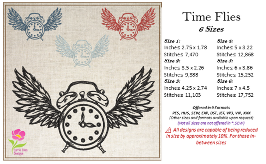 Time Flies Idiom Machine Embroidery Design – Alarm Clock with Wings, Funny Saying, 6 Sizes (0595)