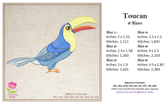 Toucan Bird Machine Embroidery Design, Tropical Toucan Bird Embroidery Design, Tropical Island Bird Pattern, 6 Sizes (0413)