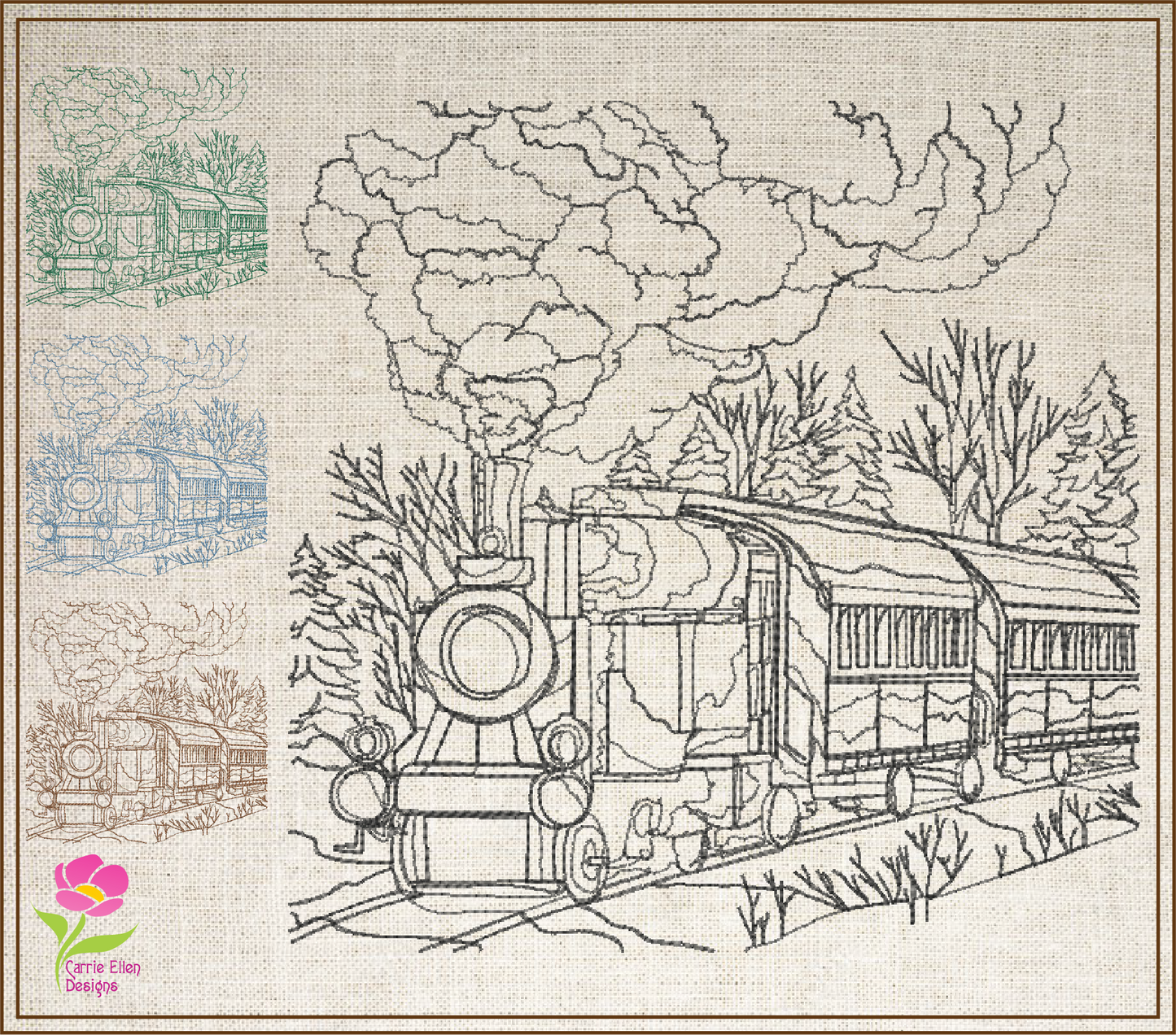 Train Scene Sketch Machine Embroidery Design – Vintage Locomotive Railroad Pattern, 6 Sizes (0554)