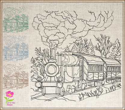 Train Scene Sketch Machine Embroidery Design – Vintage Locomotive Railroad Pattern, 6 Sizes (0554)