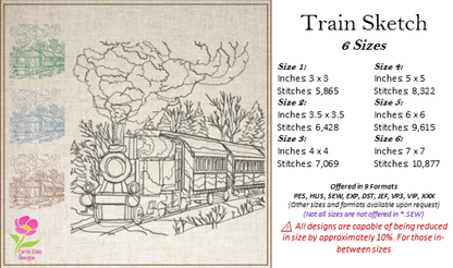 Train Scene Sketch Machine Embroidery Design – Vintage Locomotive Railroad Pattern, 6 Sizes (0554)